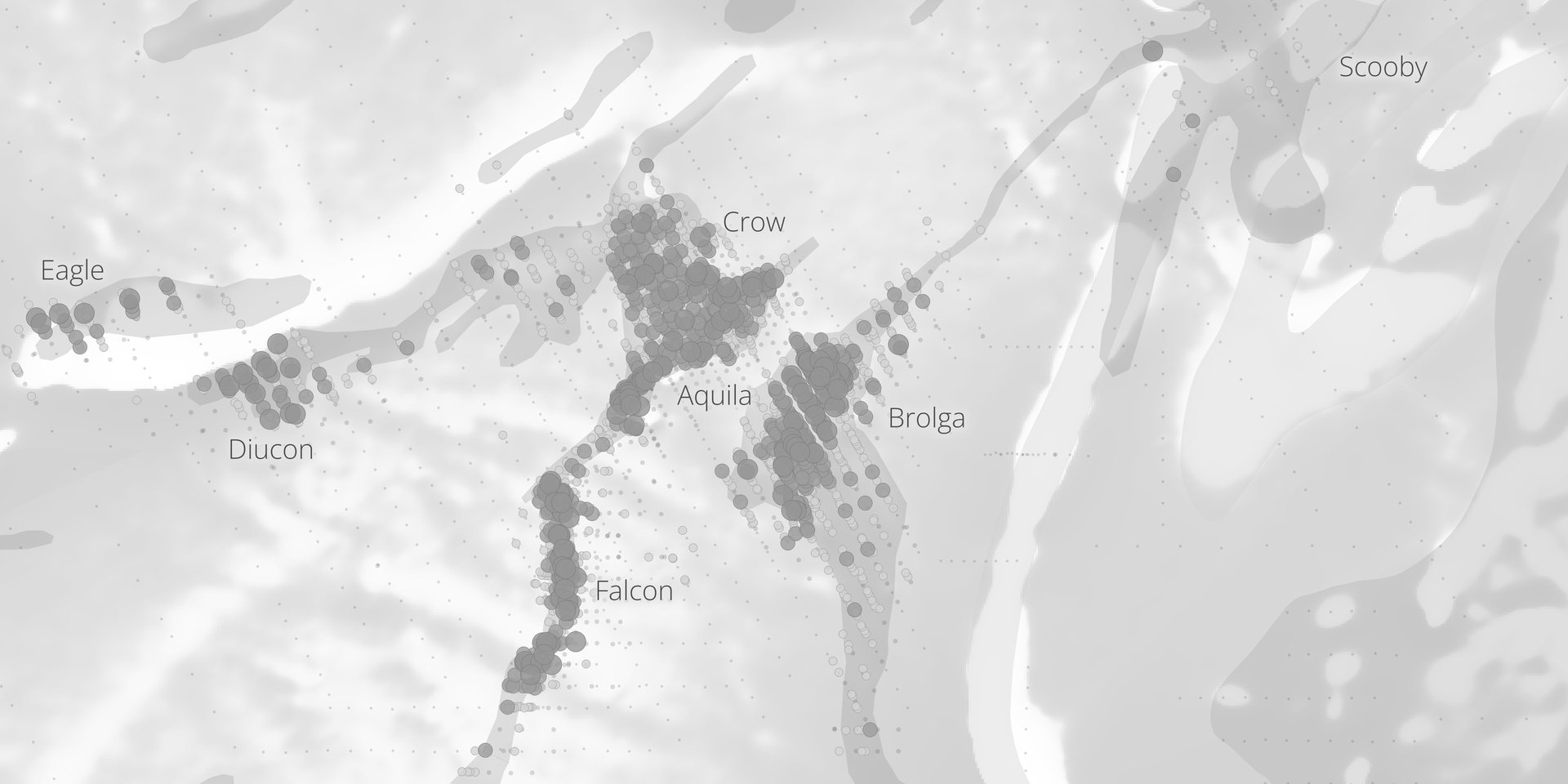 Plan of the Hemi gold deposit in the Pilbara: drill holes in grey over quiet magnetics, with gold intersections over 50 gram-metres in magenta along the Eagle, Diucon, Crow, Aquila, Falcon and Brolga zones.